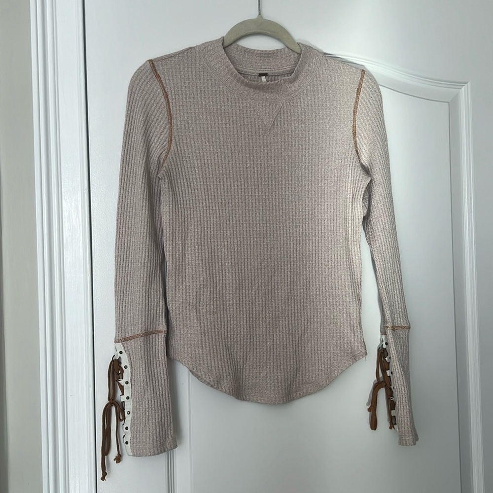 Free People Lace Cuff Waffle Long Sleeve Shirt